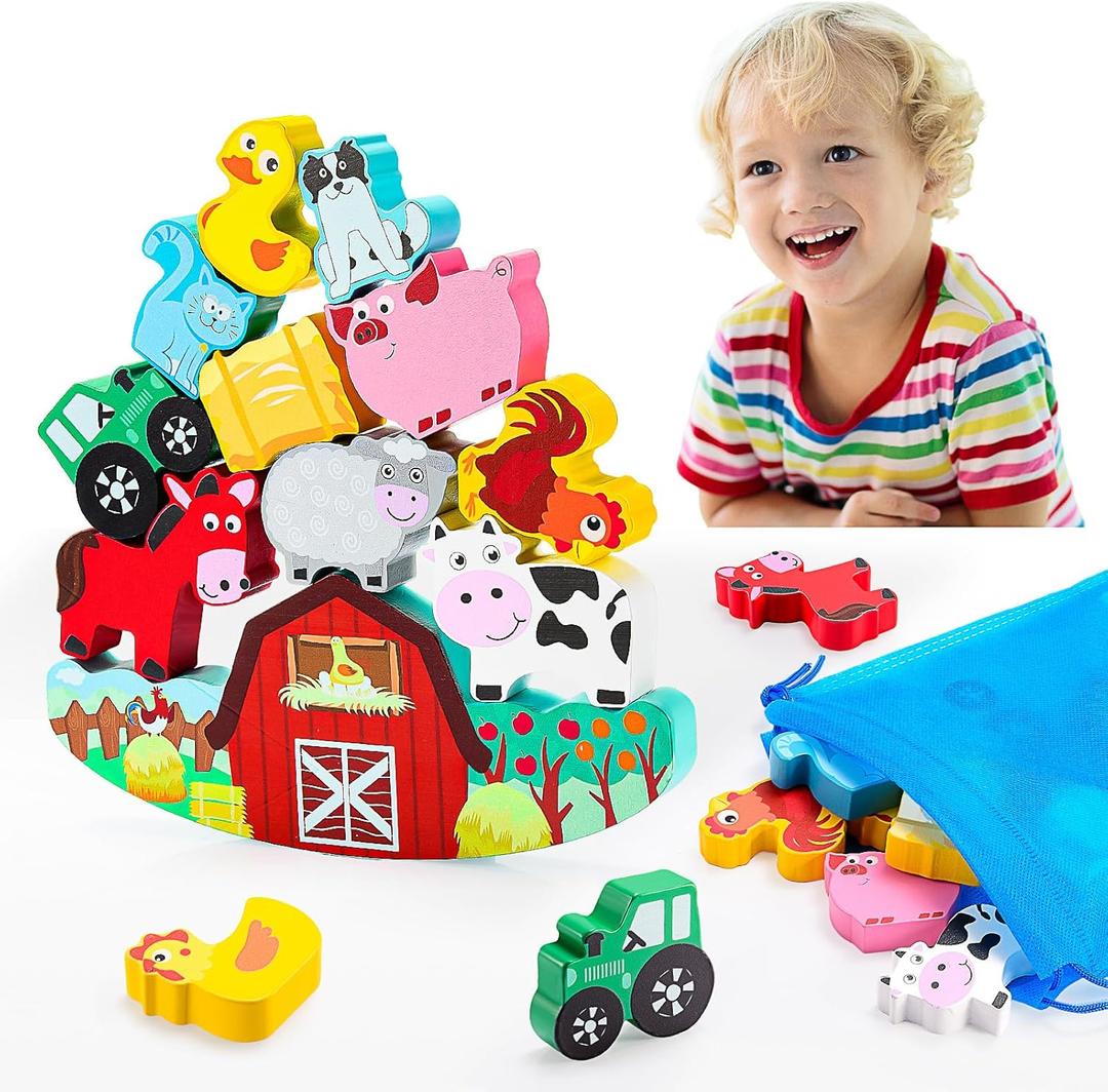 IPOURUP Montessori Toys for Kids 3-7 Wooden Farm Animal Blocks Stacking Games Educational Toy for 3 4 5 6 Year Old Girls Boys Christmas Birthday Gifts for Grandkids Toddler Balance Game Girls Age 3-5