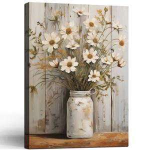 Framed Daisy Jar Vintage Flowers Wall Art Decor Canvas Print Country Poster Gallery Picture Country Plants Farmhouse Art Painting Kitchen Bathroom Living Room Decor 16x24 Inch Ready to Hang