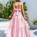 CYCLAMEN Maternity Dress Halter V-Neck Pleated Backless Maxi A-Line Gown Baby Shower Photoshoot Beach Vacation Tea Party (Pink),L