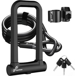 Sportneer Bike Lock: 18mm Heavy Duty Anti Theft Bike U Lock with 5ft Security Steel Cable - Shackle Bicycle U-Locks with 3 Keys & Mounting Bracket for Road Mountain Electric Bike, Size 8.58'' x 4.85''