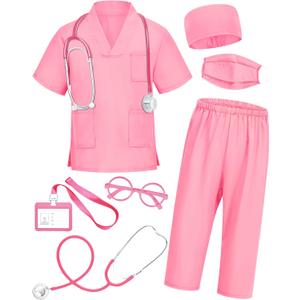 ICECUTE Doctor Scrubs for Kids, 7 Pcs Scrubs Costume with Accessories, Halloween Costume for Boy Girls, 3-11 Years (Pink, 10-11Years)