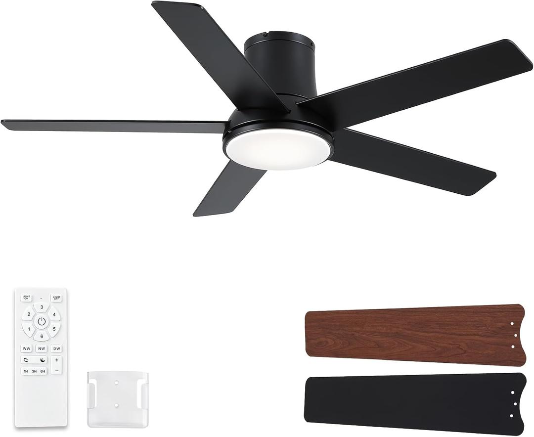 52 Inch Ceiling Fans with Lights and Remote, Flush Mount Black Ceiling Fan for Bedroom Living Room Indoor/Outdoor, Quiet 6 Speed Reversible DC Motor, 3CCT, Dual Color 5 Blades, ETL Listed