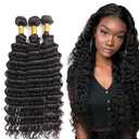 Deep Curly Bundle Human Hair 24 26 28 Inch Natural Black Deep Wave Human Hair Bundles Unprocessed Virgin 3 Bundles Black Extensions 50 Gram Per Bundle