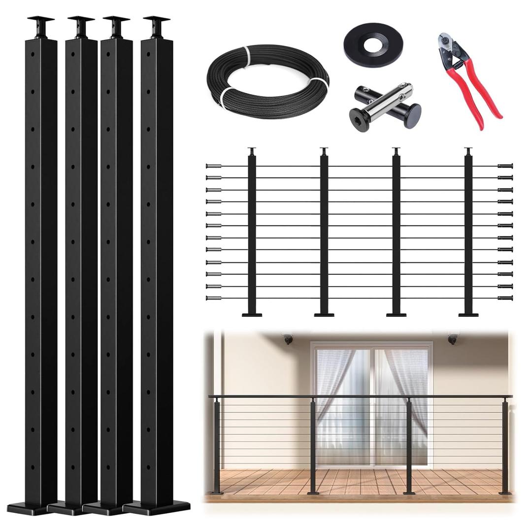 Muzata 15-20FT Modular Black Cable Railing Kit 42 Inch 4 Level Post Kit Complete Set Cable Railing System for Decks Length Adjustable Easy DIY with Paper User Guide (No Handrail) RWS1 BH4L