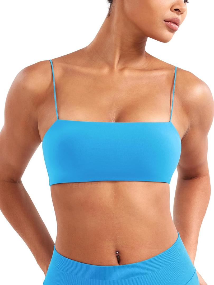 YEOREO Women's Spaghetti Strap Sports Bra Enidy Square Neck Yoga Wireless Low Impact Padded Seamless Cami Crop Top Glacier Blue, XS