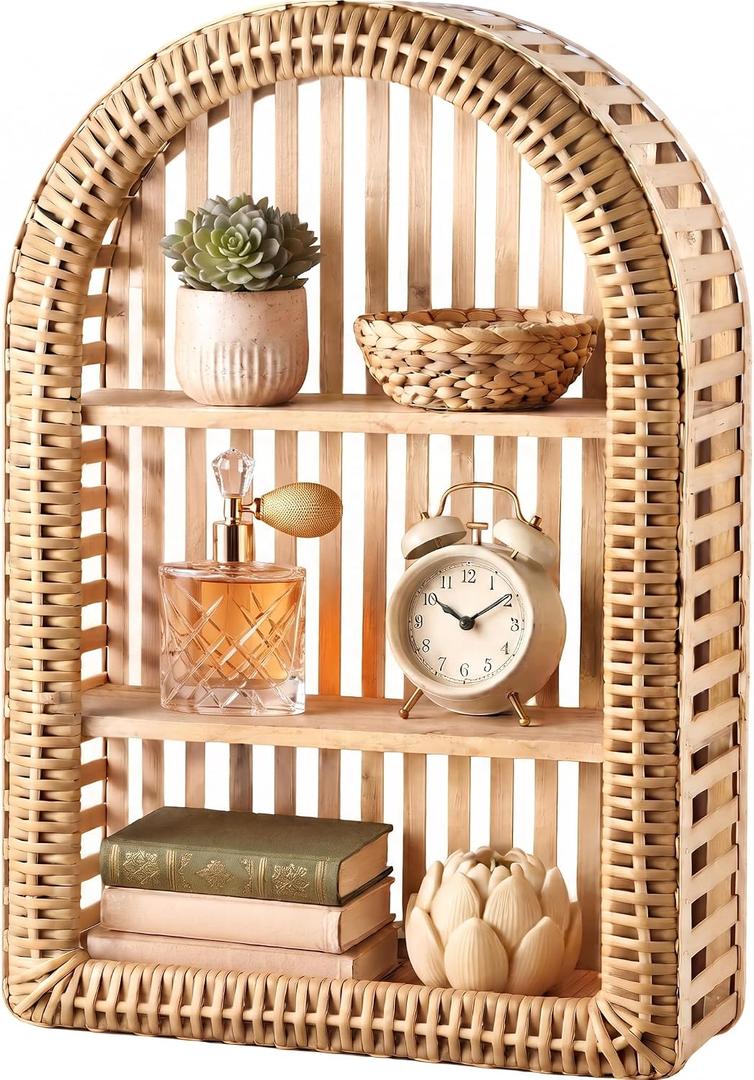 Rattan Wall Shelf - 3 Tier Boho Arched Wicker Hanging Shelves, 20.1 x 12.2 x 4.4 inches