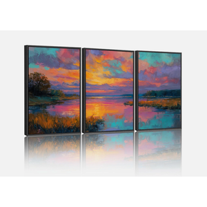YCJKJDZ Framed Colorful Lake Scene Sunset Canvas Wall Art Set of 3, Watercolor Forest Sunset Canvas Print Artwork, Living Room, Bedroom, and Office Decor – 16x24 in