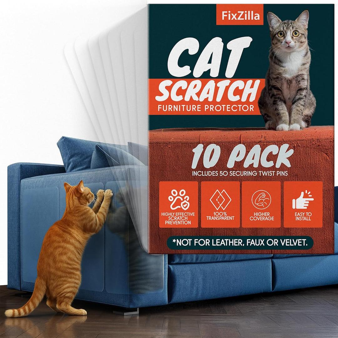 3 x FixZilla Anti Cat Scratch Furniture Protector, 10-Pack Couch Protector from Cat Claws - Heavy-Duty, Easy-to-Apply Scratching Deterrent and Shield for Sofa Corners, Walls, Doors- with 50 Twist Pins