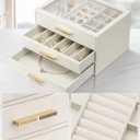 VLANDO Jewelry Box for Women, 3-Layer Jewelry Organizer with Drawers, Glass Lid Display Jewelry Storage, Soft PU Leather Exterior, Contrast Gold Metal Handles, Refined Style - Cloud White
