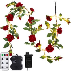 Artificial Rose Vines with Lights Decor, 6ft Red Rose Garland with Remote Control for Wedding Decor - 19 Fake Silk Roses Flowers 80pcs Warm White Led - Fairy Light with Vines for Home Room Party Shelf