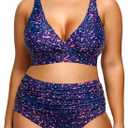 Yonique Womens Plus Size Bikini High Waisted Swimsuits Two Piece Bathing Suits Tummy Control Swimwear (Star Whole Sky) 18 Plus