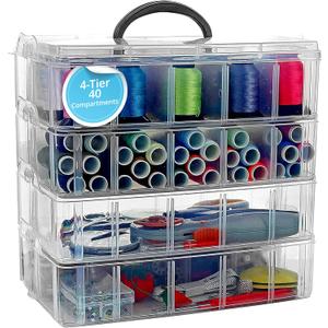 Bins & Things Clear 4-Tier Stackable Storage Containers with lids - 40 Adjustable Compartments for Craft Organizers - Storage box for Jewelry, beads, kids toys, makeup box and sewing supplies