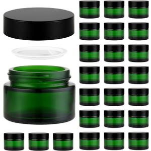 1 oz Reusable Green Glass Container Jars 24 Pack with Wide-mouth Leak Proof Cap and Inner Pull-On Lid for Travel Storage Makeup, Face Creams, Body Lotions, DIY Crafts or Others