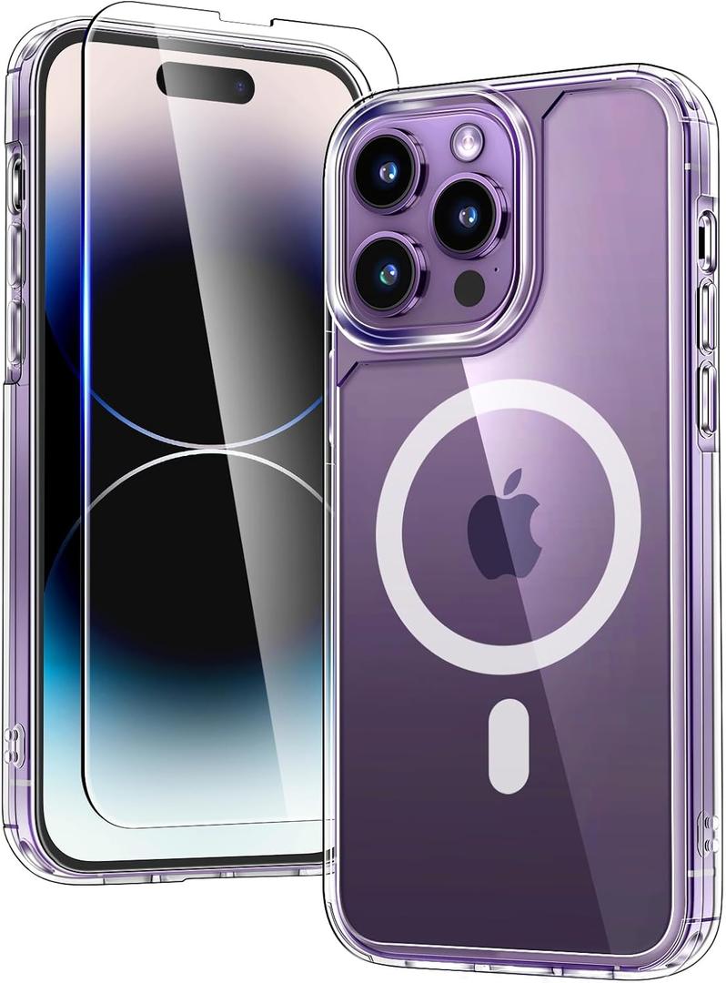 TAURI 2 in 1 Magnetic for iPhone 14 Pro Case Clear, Compatible with Magsafe [Not-Yellowing] with Screen Protector, Military-Grade Protection, Slim Case for iPhone 14 Pro