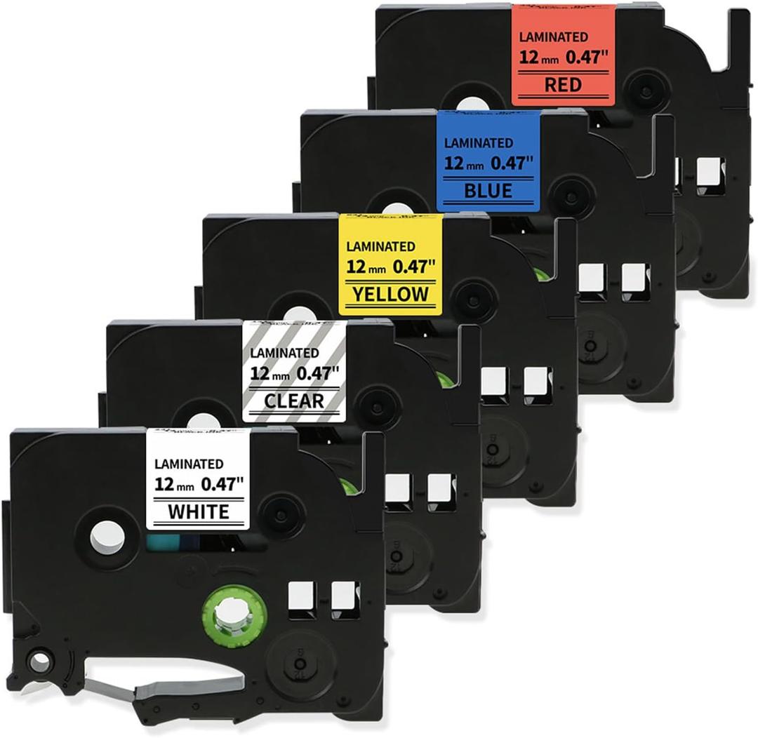 Label Maker Tape Replacement for Brother PT-D200 1280 2040 1750 1090 1180 1880 1890 Label Maker Refills TZe TZ Tape 12mm 0.47 Inch Laminated Compatible with Brother P Touch Colored Labels, 5 Pack