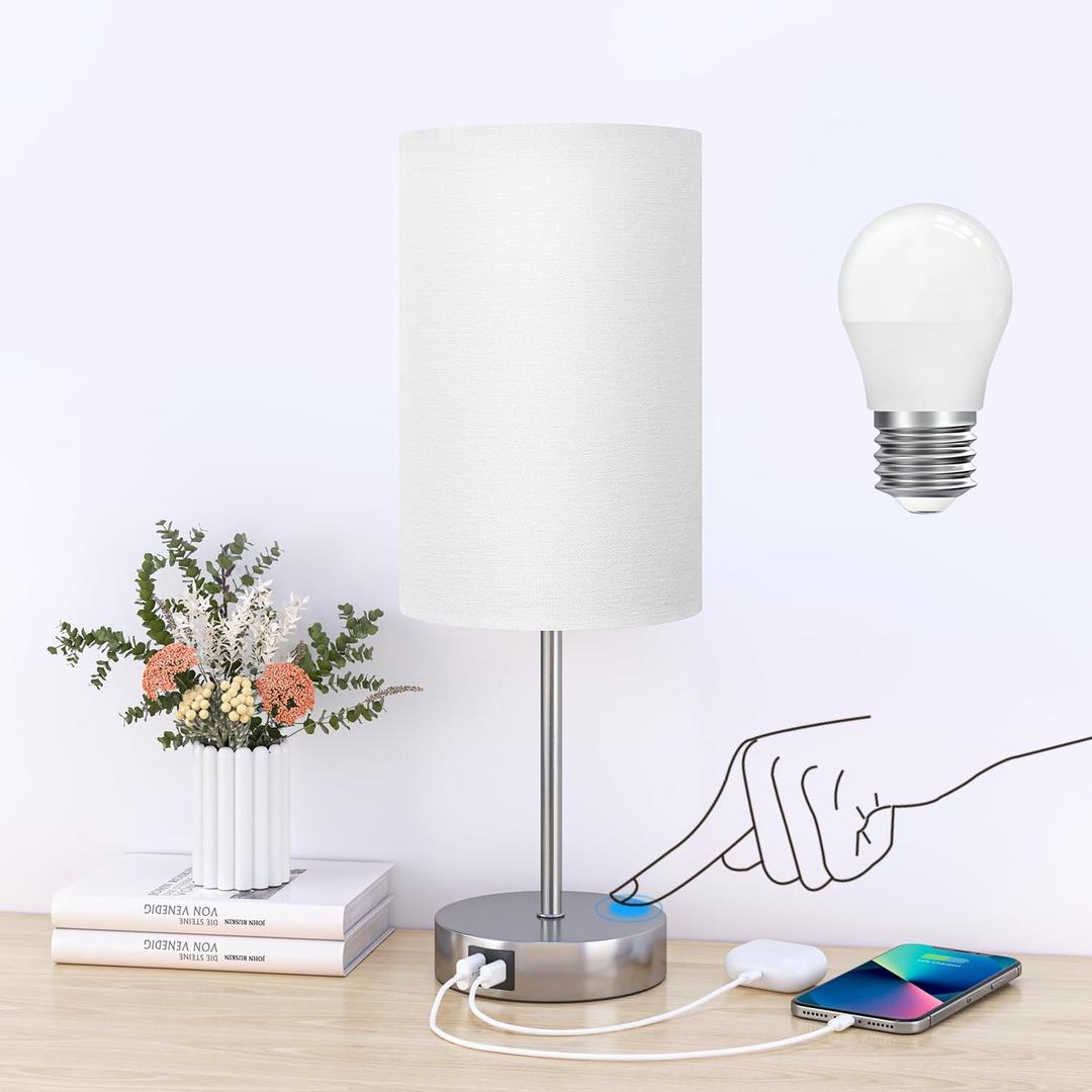 AKASUKI 18Inch Table Lamp with Dual Charging Station, 3 Way Dimmable Touch Lamp for Bedroom, Living Room, Office(LED Bulb Included) (White Shade-Silver Base)