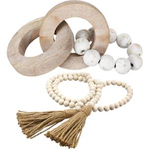 2 Pieces Decorative Wood Knot Link Chain Decor and Bead Garland Set Farmhouse Aesthetic Natural Wooden Knot Chain Link Wood Bead for Boho Country Home Table Decor (Classic Colors)