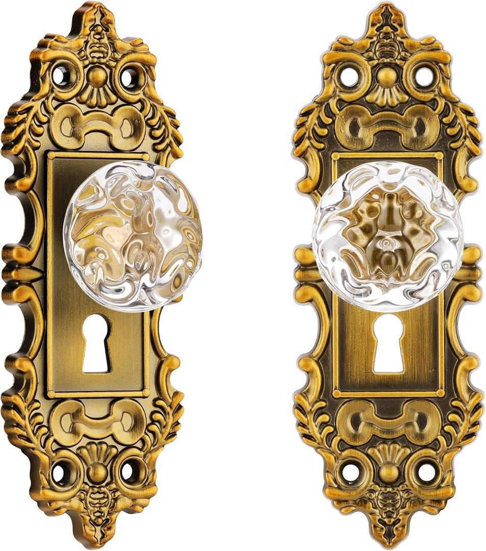 Vintage Dummy Door Knob Interior 2 Pack Crystal Glass Door Knobs Antique Brass Cabinet Knobs Keyless Decorative Hallway Closet Door Pulls Dresser Gold Door Handles