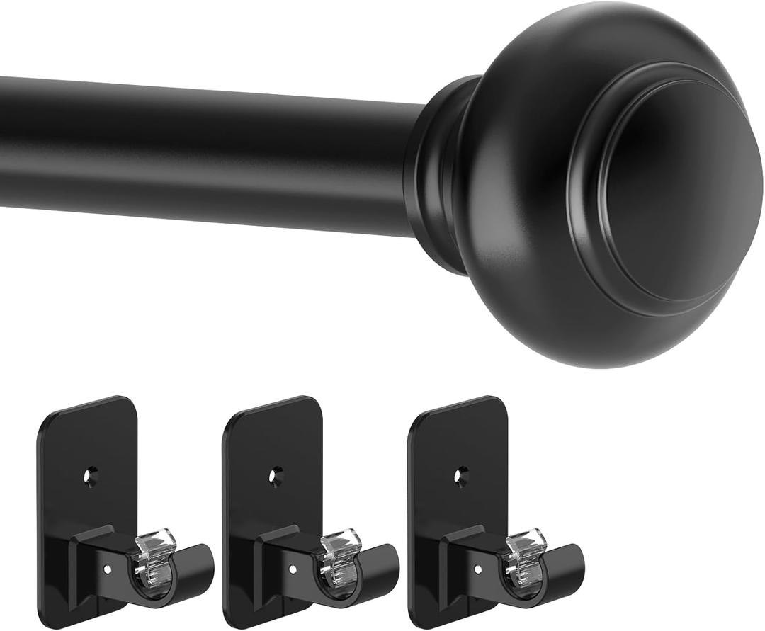 Black Curtain Rods for Windows 30 to 60 Inches,5/8 Inch Diameter Renter Friendly Adjustable Curtain Rods with Adhesive Brackets, No Drilling