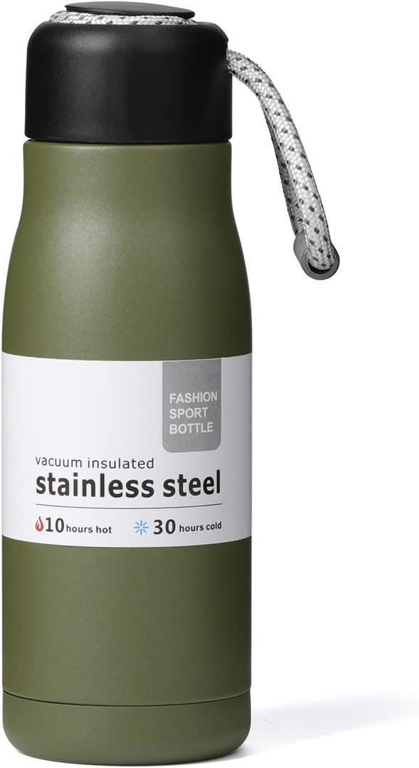 Small Water Bottle 12 oz, Dusgut Insulated Water Bottle, Stainless Steel, Wide Mouth Portable Lid, Army Green