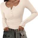 PRETTYGARDEN Women's 2025 Summer Long Sleeve Henley T Shirts Ribbed Knit Button Slim Fitted Basic Casual Going Out Fall Tops (Beige, L)
