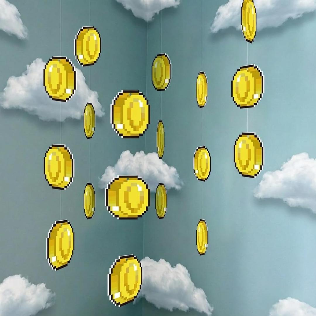 Epakh 24 Pcs Super Themed Party Decorations Hanging Birthday Party Decoration Gold Video Game Theme Ornaments Banners for Baby Shower Favors Super Game Room Home Supplies(Coin)