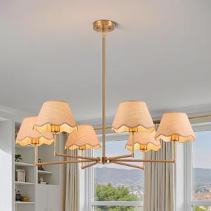 39" Boho Rattan Chandelier, 6-Lights Rustic Industrial Pendant Light Fixtures with White Woven Shade, Adjustable Height Farmhouse Large Pendant Lighting for Kitchen Dining Living Room, E26