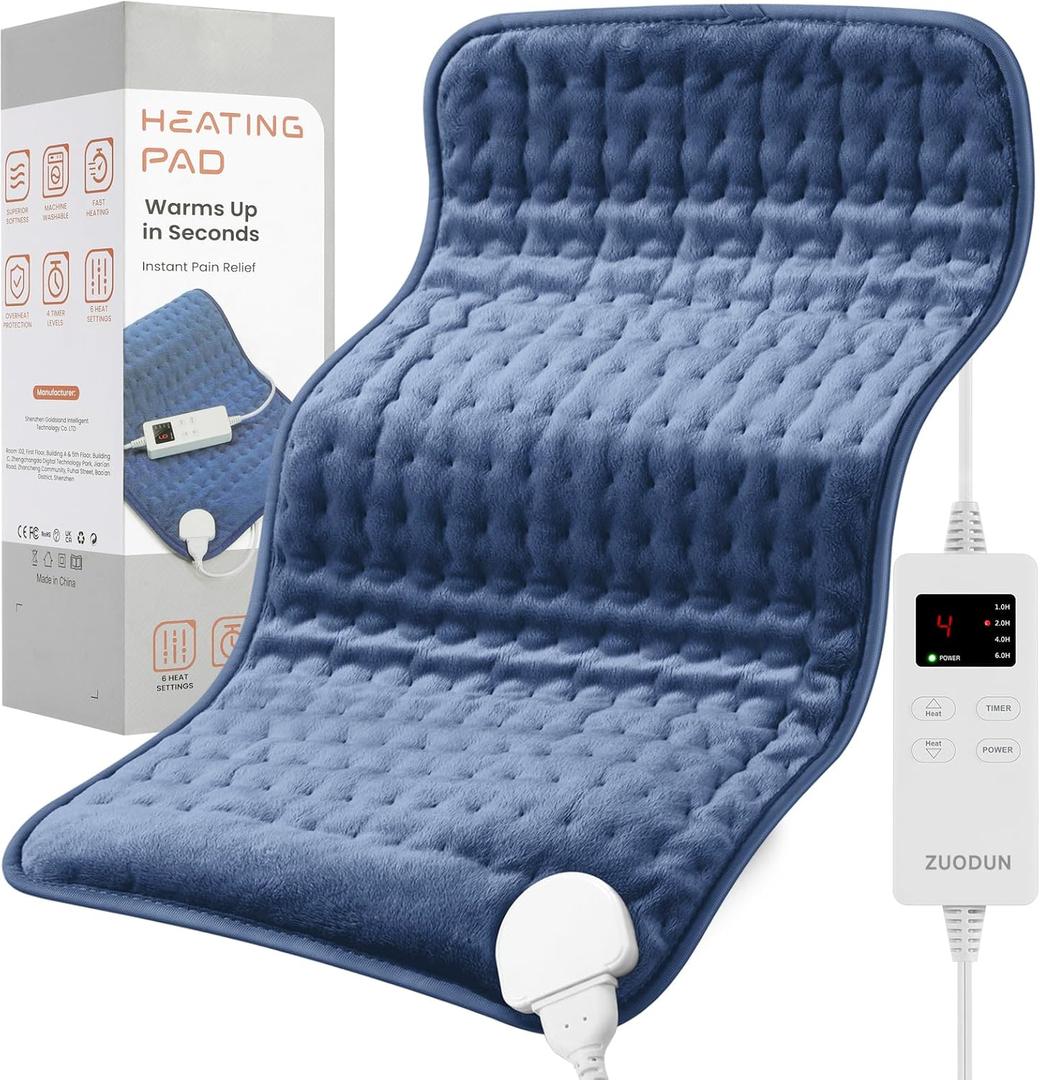 Heating Pad for Back Pain Cramps Relief, ZUODUN Electric Heating Pads for Neck/Shoulder/Leg with Auto Shut Off Large, 6 Heat Settings & Moist Heat Options, Christmas Gifts for Women, Men, Mom, Dad (12.1 x 24.1 Inch, Blue)