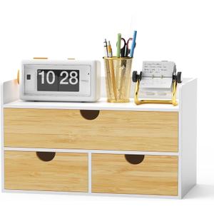 Wisuce Desk Organizer with Drawers - Bamboo Desktop Organizer Storage | White-Natural Wood Desk Drawers Organizer for Bills, Office Supplies, Cosmetics, Seals No Assembly Required (13L x 6.6W x7.87H)
