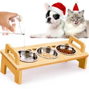 Elevated Cat Food Bowl, 3 Stainless Steel Raised Cat Bowls with Stand, 15°Tilted Cats Bowl for Small Dog, Cats Food and Water Bowl Set, Anti Vomiting, Whisker Fatigue and Dishwasher Safe (Natural)