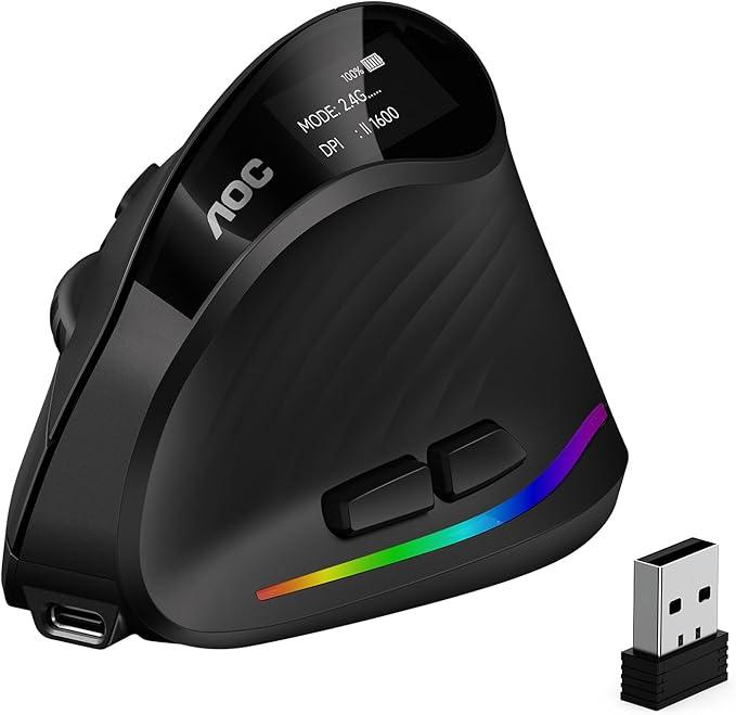 AOC 2.4GHz Ergonomic Mouse, Wireless Bluetooth Vertical Mouse for Work, 4800 DPI Optical Tracking, 5 Adjustable DPI, Quiet Clicks, RGB Light, Compatible with Computer, Laptop, PC, Mac, Desktop - Black