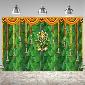 Pooja Backdrop Decoration Cloth Items Indian Ganpati Puja Traditional Chatiya Ganesh Mehndi Photography Background Festival Wedding Party Marigold Garlands Photo Booth Props Banner 6x4ft