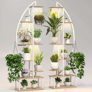 Plant Stand Shelf Rack Indoor with 6 Built in Grow Light, 7 Tier 65" Tall Pair Large Half Moon Lighted Plant Stand with Hanging Hook, 2 White Circle Sturdy Tiered Herb Shelving with Lighting
