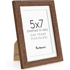 Fun Memories 5x7 Picture Frame, Solid Oak Wood 5 x 7 Frame with Plexiglass, 5 by 7 Photo Frame for Wall & Tabletop Display, 5x7 Picture Frame Matted to 4x6, Walnut Color, 1 Pack