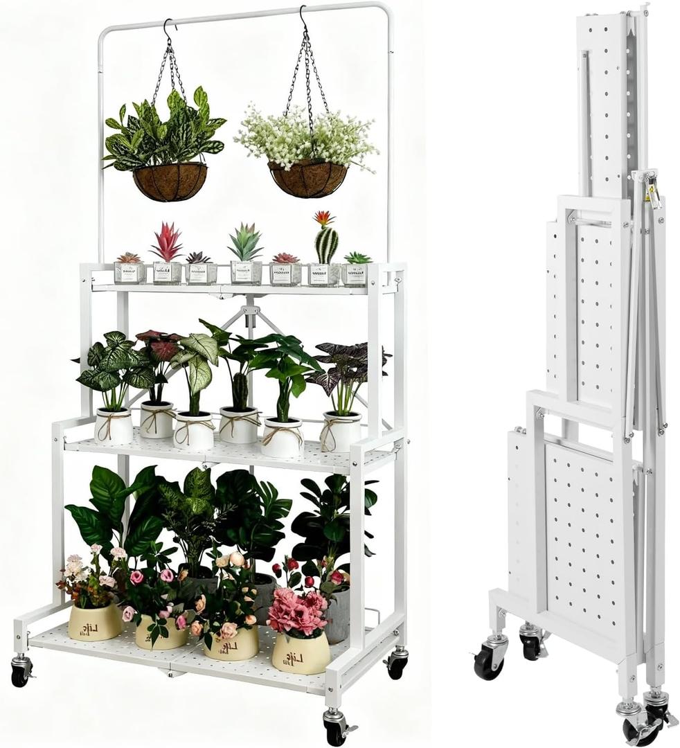 4-Tier Foldable Plant Stand with Wheels, No Tools Assembly, Sturdy Step Shelf for Indoor Outdoor Use, White  Organize Pots, Save Space, Roll & Store Easy