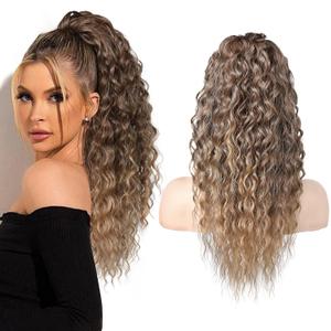 Blonde/Brown Extension, Long Bohemian Curly Drawstring Ponytail Light Fluffy Multi Layered Clip in Hair Extensions Ponytail Natural Soft Synthetic Hairpiece Light Brown/Blonde