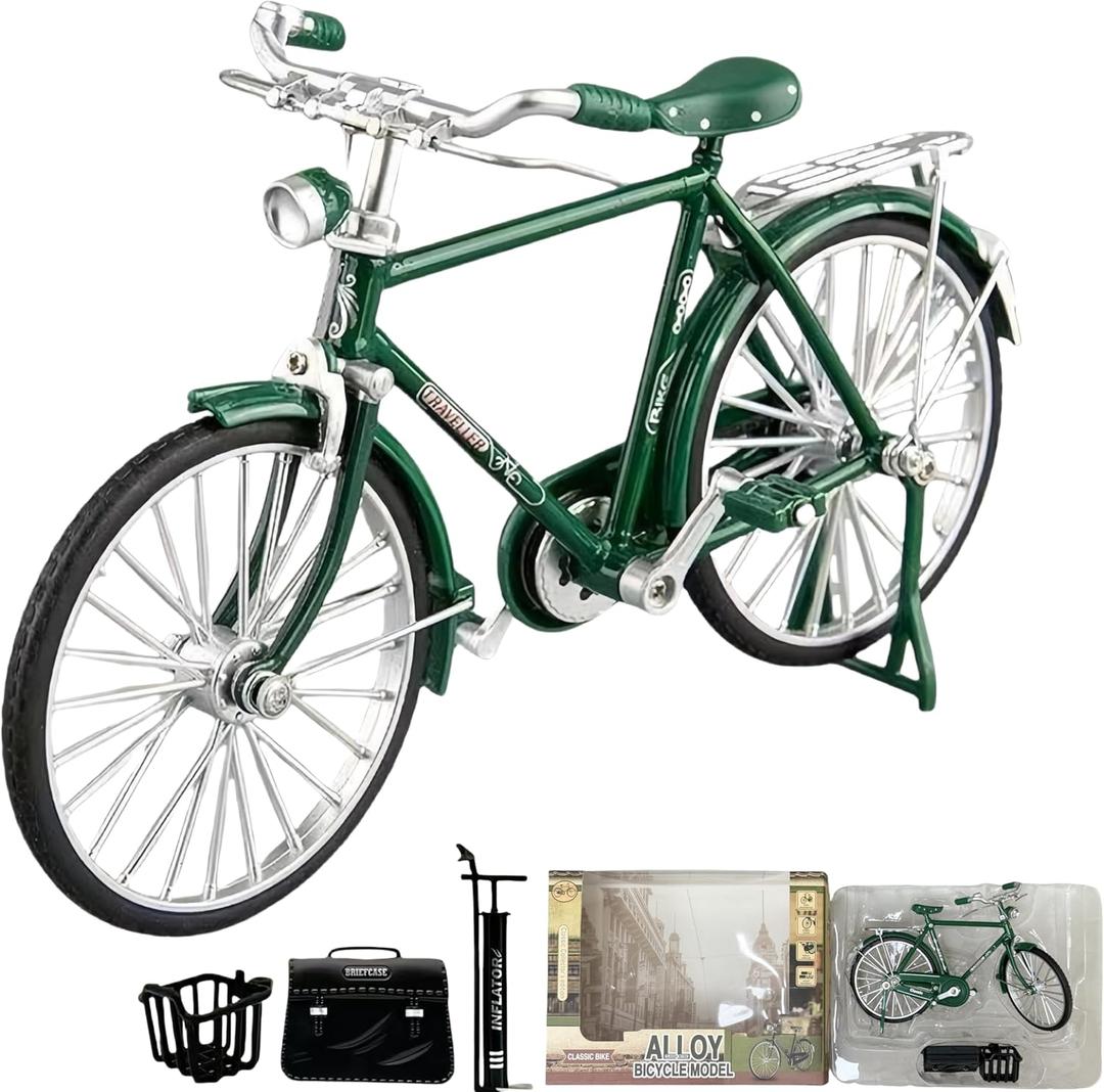 Munyee Hua Vintage Bicycle Model Collection, 1:10 Scale, Chinese Renaissance Elements, Adult, Pedal Bike with Accessories Set (Green Set)
