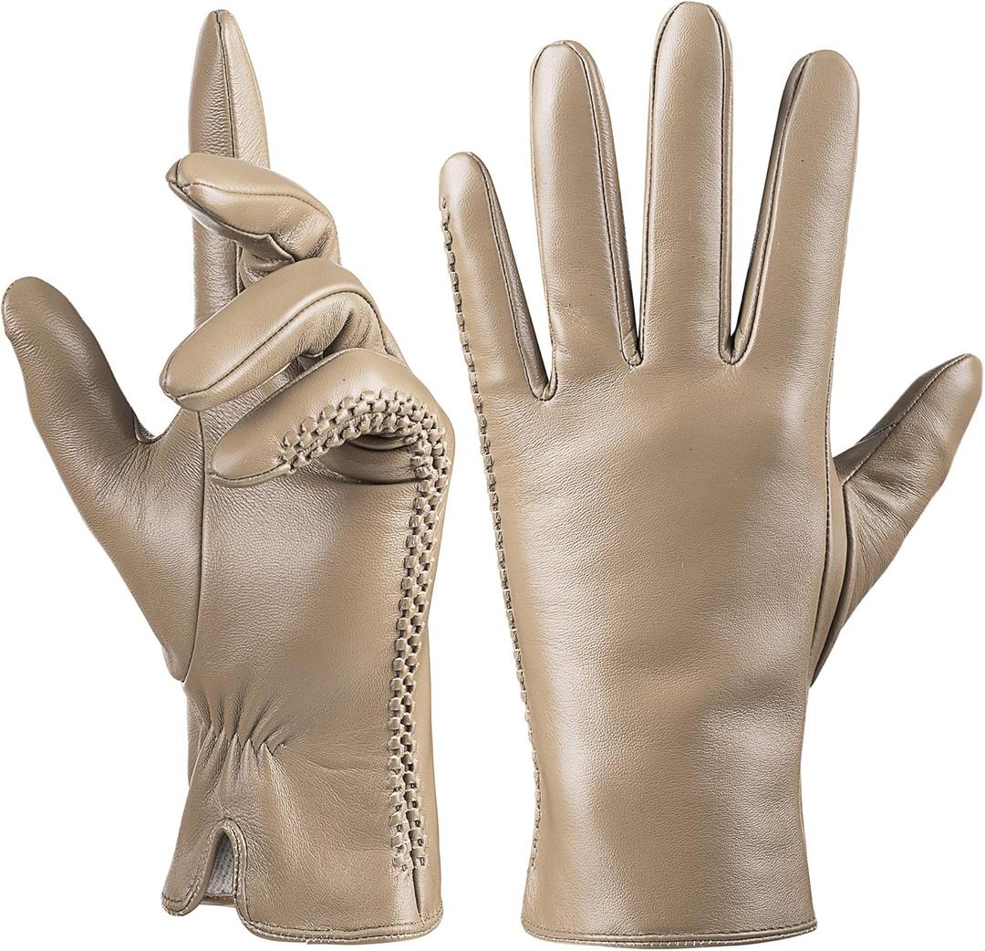 Genuine Sheepskin Leather Gloves for Women, Winter Warm Touchscreen Texting Cashmere Lined Driving Dress Gloves (Medium, Beige)