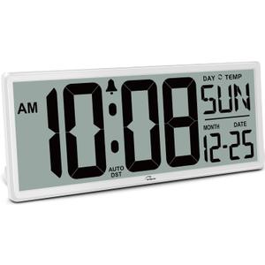 WallarGe 14.5'' Large Digital Wall Clock Battery Operated with Jumbo Numbers, Temperature and Date - Easy to Read and Set, Auto DST (White)