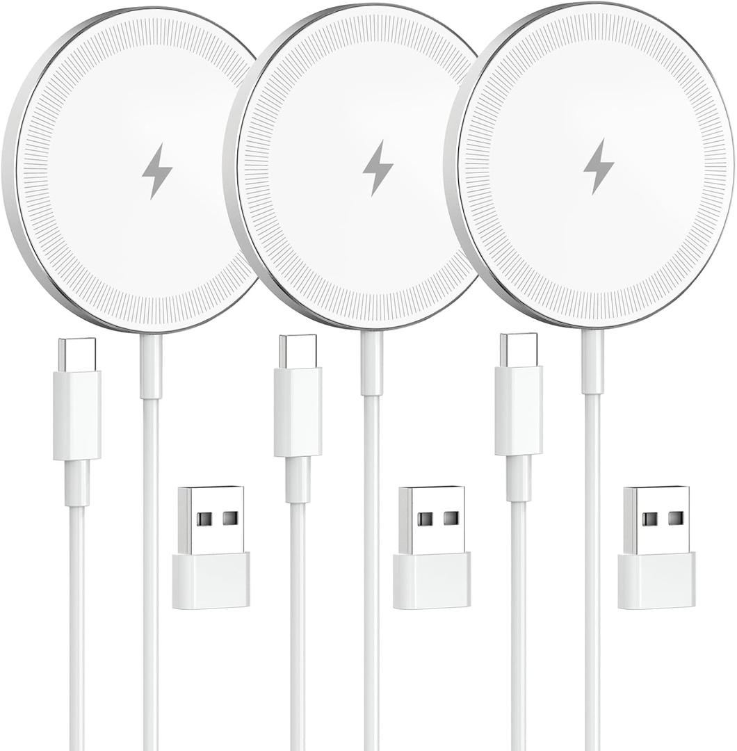 3Pack Magnetic Wireless Charger Pad: 15W Fast Qi Slim Portable Charging Disc for Apple - iPhone 16 16e 15 14 13 12 Series - AirPods 4 3 2 Pro - Samsung Galaxy S25 & Pixel 10 Series Qi2 Ready, White