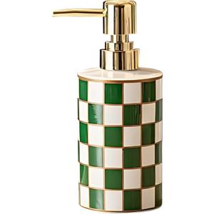 Green White Checkered Ceramic Soap Dispenser, Checkerboard Refillable Lotion Dispenser Pump Bottle for Kitchen, Bathroom Countertop, Modern Farmhouse Home Decor, 10oz (Green)