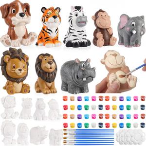 Zubebe 24 Pcs 3D Jungle Animals Ceramic Painting Kit DIY Safari Ceramics to Paint Your Own Animal Figurines Unpainted Plaster Arts Craft with Brush Palette Paint for Adults Birthday Party Favor Gifts