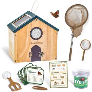 Bug Catcher for Kids & Kids Explorer Kit, Outdoor Toys with Portable Wooden Bug House, Butterfly Net, Magnifying Glass, 10 Insect ID Cards for Toddler 3-8 Year Old Outdoor Explore Toy Gift