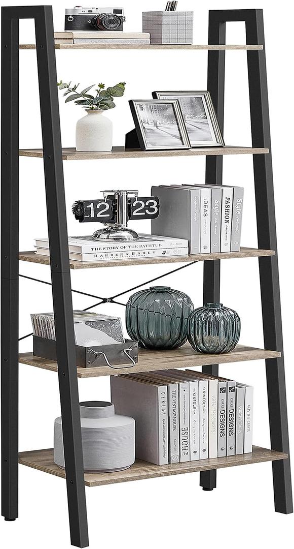 VASAGLE Ladder Shelf, 5-Tier Bookshelf, Storage Rack, Bookcase with Steel Frame, for Living Room, Home Office, Kitchen, Bedroom, Industrial Style, Camel Brown and Ink Black ULLS045B50