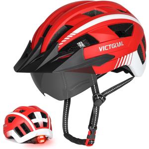 Bike Helmet for Men with M/L/XL Sizes, Magnetic Goggles, Removable Visor | PC Outer Shell, EPS Foam, 2-IN-1 Function of Rear Light with Size Regulator, for Adult Men Women Mountain Road Cycling, L: 57-61 cm, Red