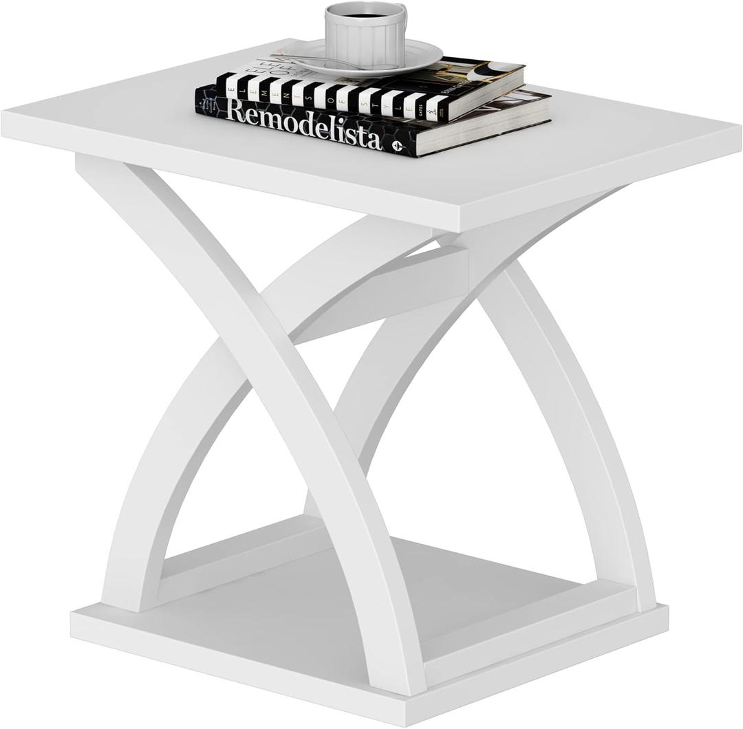 ChooChoo End Side Table, Modern End Table with Storage Shelf, X-Design Side Table Living Room (White)