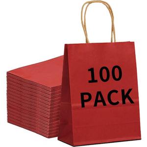 BAG BOX 100 Pack Medium 8.25x4.3x10.6 Inch Red Kraft Paper Gift Bags with Handles for Bulk Shopping, Retail, Craft, Party Favors, Wedding, Grocery & Sacks