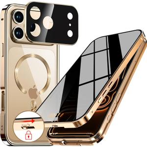 [CD Metal Ring & Automatic Pop-up Lock Magnetic Privacy Case for iPhone 17 Pro Max [Compatible with MagSafe] [Integrated Lens Protection] Full Body Bumper Cover with Built-in 9H Glass-Gold