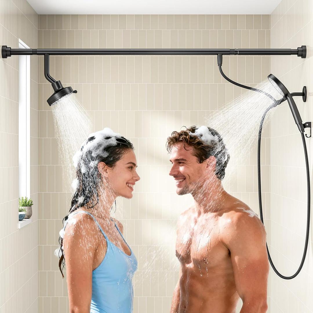 NTPN Dual Shower Head with Handheld for Couples, High Pressure Double Shower Heads for Two People Rod, Two Showerhead System Fit 2 Person, Gifts for Women Men, SPA-Like (Black, Segmented Design)
