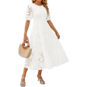 ZESICA Women's 2025 Summer Short Puff Sleeve Crewneck Smocked Floral Lace Flowy A Line Tiered Maxi Dresses (Small, White)